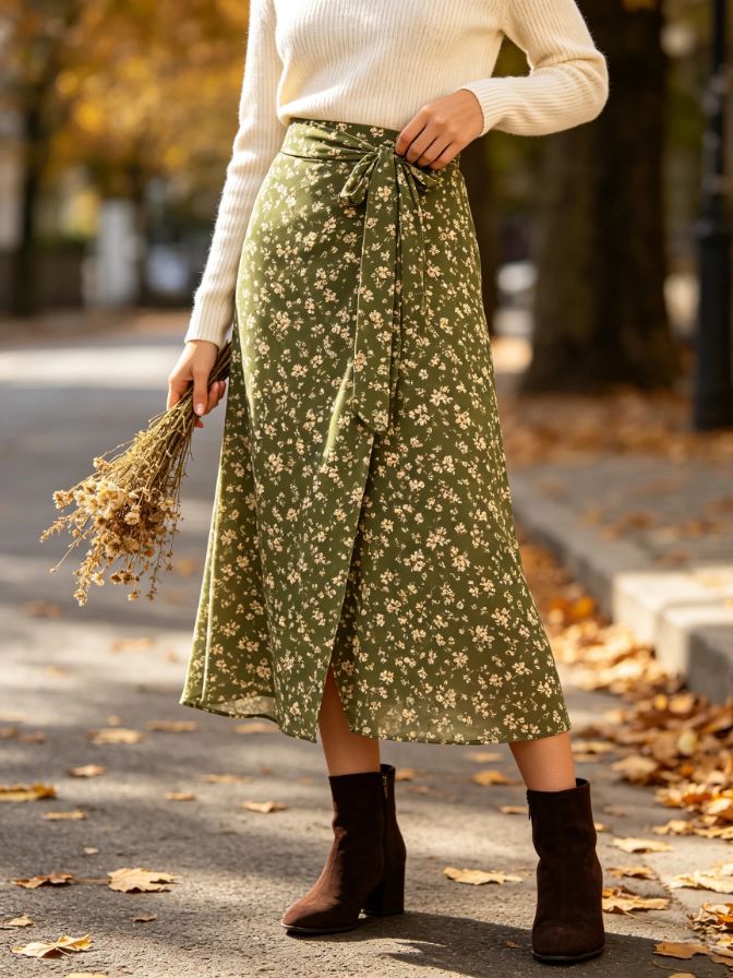 Women Fall V Wrap Floral Midi Skirt Romantic Dating Casual Bottom