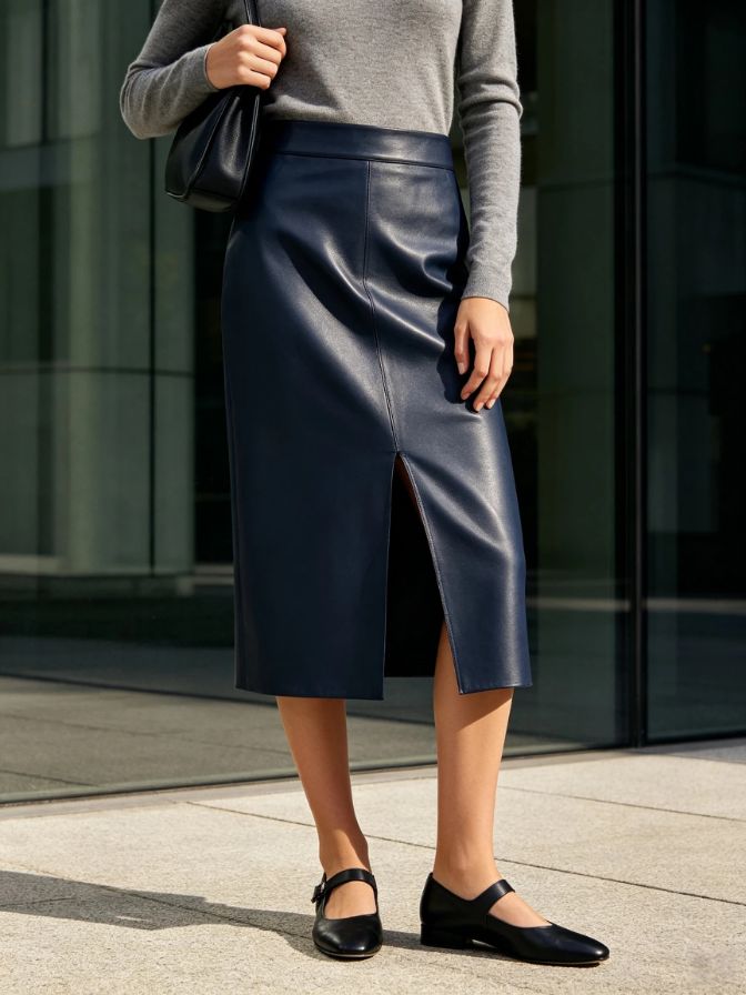 Ladies Autumn Faux Leather High Waist Midi Skirt Streetwear Bottom Ladies Autumn Faux Leather High Waist Midi Skirt Streetwear Bottom