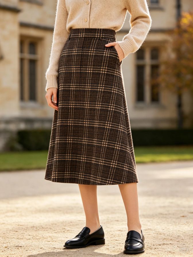 Ladies Autumn Classic Plaid Wool Blend Midi Skirt College Bottom Ladies Autumn Classic Plaid Wool Blend Midi Skirt College Bottom