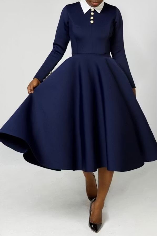 Elegant Lapel Button Classic Midi Dress Elegant Lapel Button Classic Midi Dress