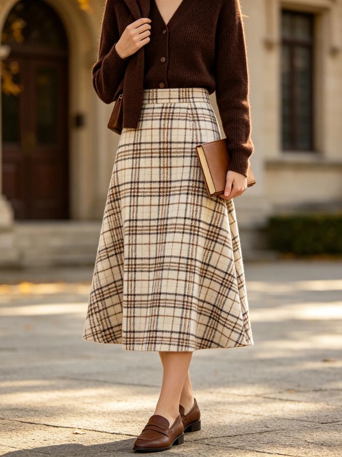 Ladies Autumn Classic Plaid Wool Blend Midi Skirt College Bottom