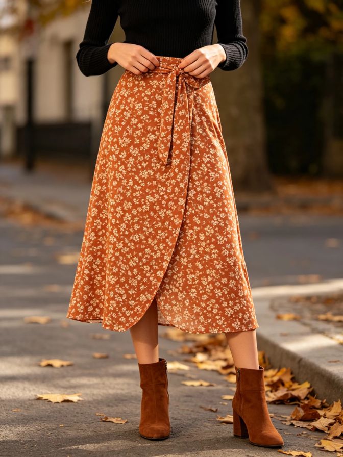 Women Fall V Wrap Floral Midi Skirt Romantic Dating Casual Bottom