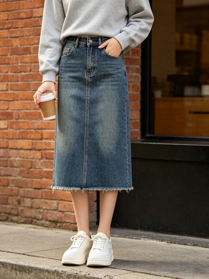 Ladies Autumn High Waist Denim Midi Skirt Casual Daily Bottom Skirt