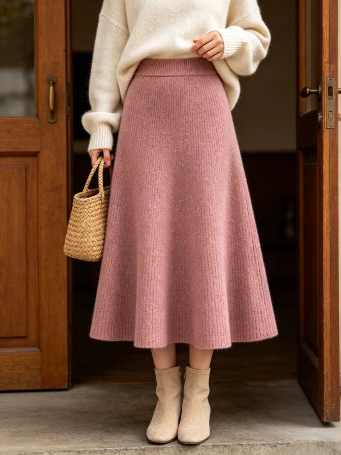 Ladies Autumn Soft Knit Flared Umbrella Midi Skirt Daily Bottom