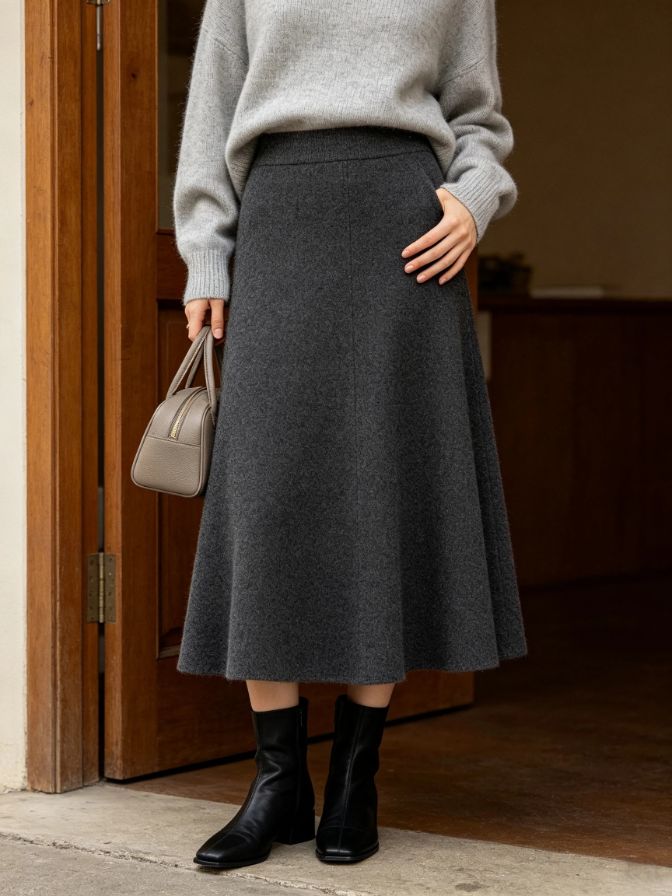 Ladies Autumn Soft Knit Flared Umbrella Midi Skirt Daily Bottom Ladies Autumn Soft Knit Flared Umbrella Midi Skirt Daily Bottom