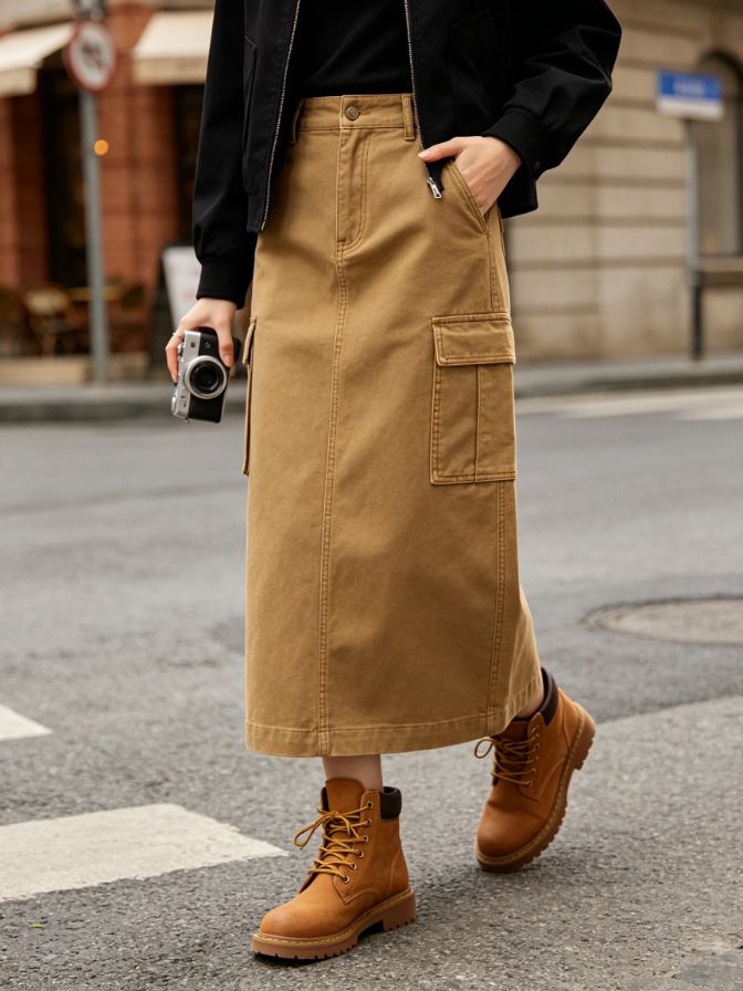 Women Autumn Utility Cargo Midi Skirt Street Casual Bottom Wear
