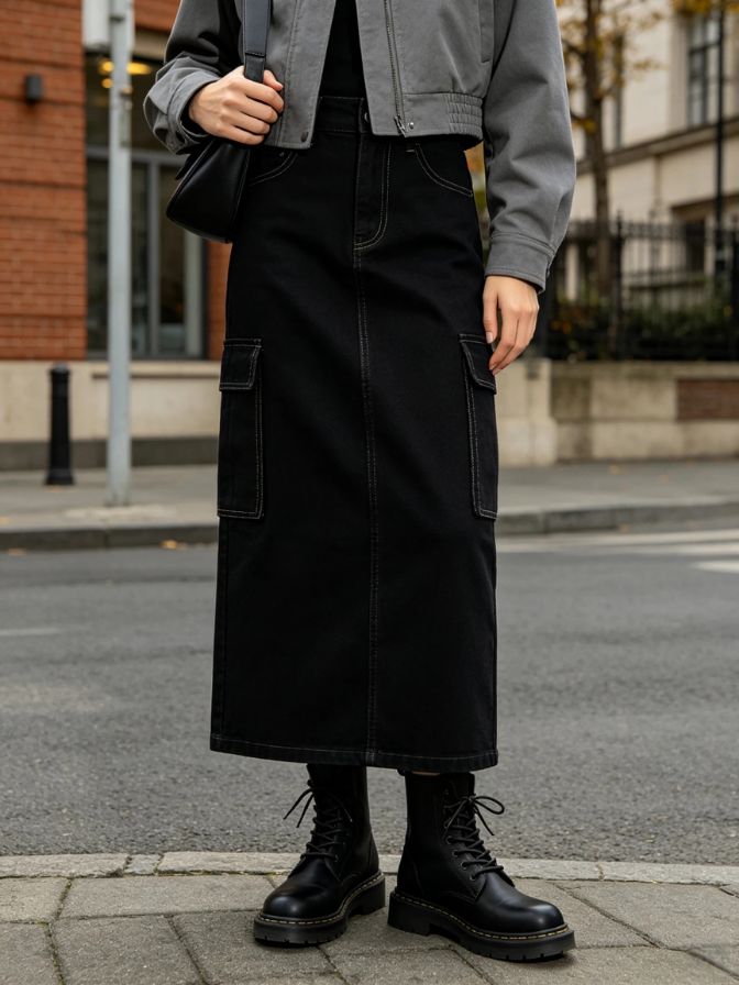 Women Autumn Utility Cargo Midi Skirt Street Casual Bottom Wear