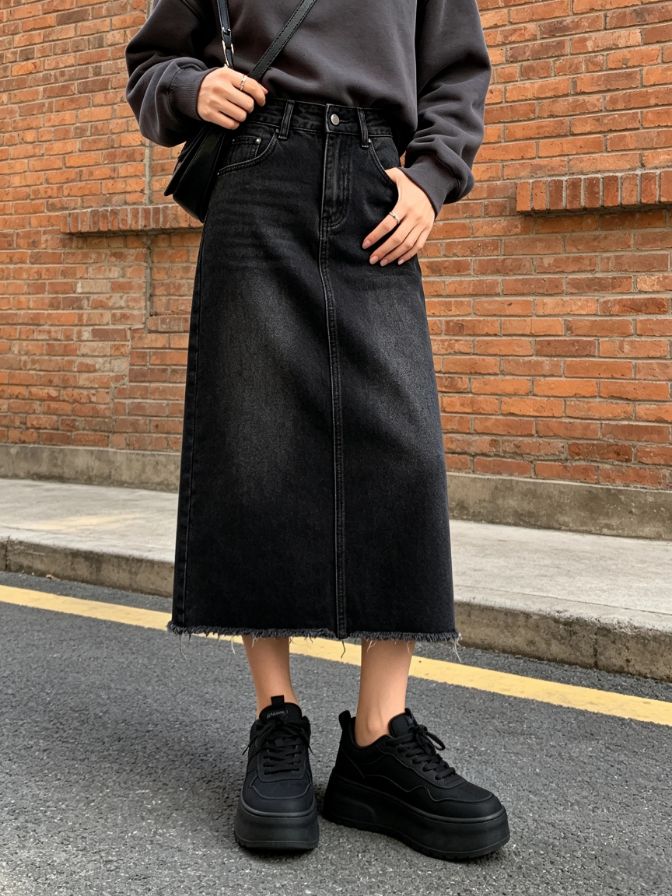Ladies Autumn High Waist Denim Midi Skirt Casual Daily Bottom Skirt Ladies Autumn High Waist Denim Midi Skirt Casual Daily Bottom Skirt